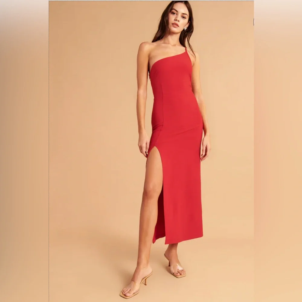 Red Abercrombie & Fitch Asymmetrical One-Shoulder Maxi Dress